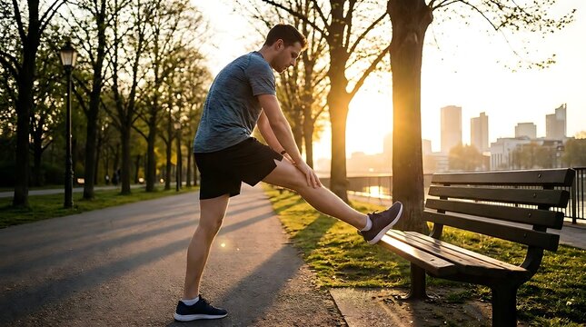 Man stretching leg near park bench during sunrise