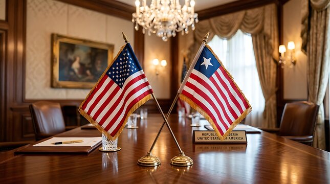 United States and Liberia National Flags on Table for International Diplomatic Meeting and Relations