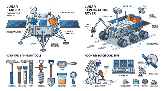Astronauts operate lunar lander and rover with scientific tools on moon surface