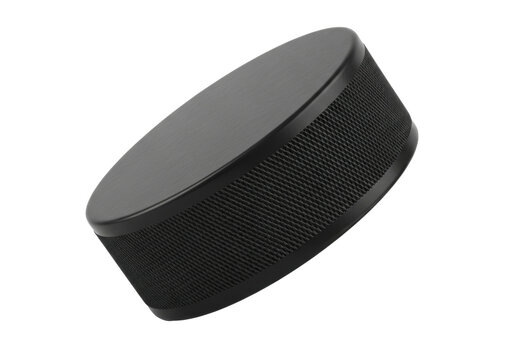detailed commercial shot of a matte black vulcanized rubber ice hockey puck in a three-quarter view, floating against a transparent studio background. Concept of technical realism