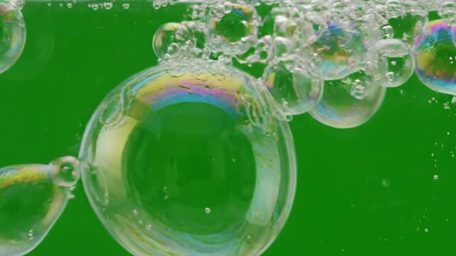 Macro Iridescent Bubbles in Shimmering Green Liquid