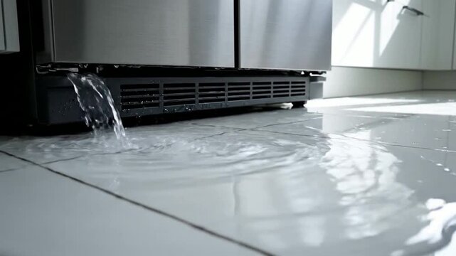 Water Leaking From Stainless Steel Refrigerator in Modern Bright Kitchen