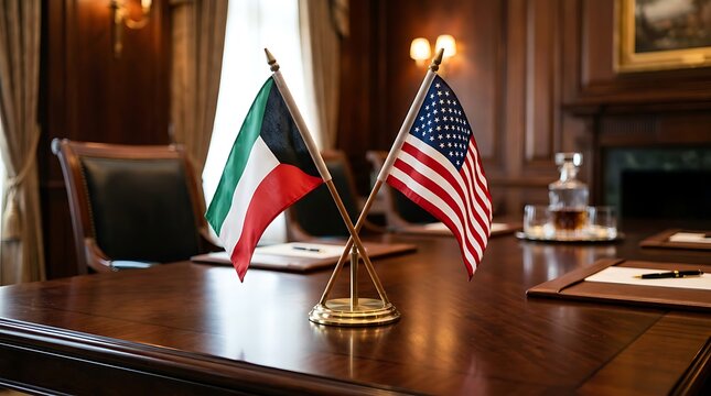 Small Flags of Kuwait and USA on Wooden Table in a Classic Boardroom for Diplomatic Meeting