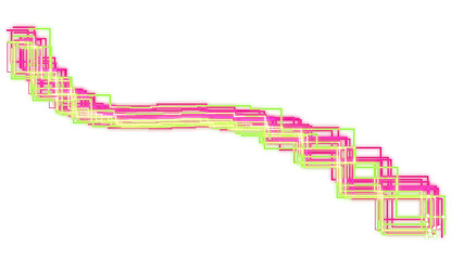 Obraz premium PNG image of Abstract geometric wave of neon pink and lime green squares, digital glitch art pattern, vibrant tech aesthetic design element isolated on Transparent Background