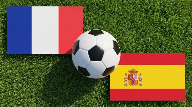 France and Spain Flags with Soccer Ball on Green Grass Concept