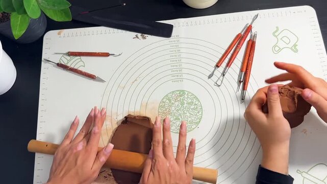 Hands sculpting with brown self-hardening clay close up