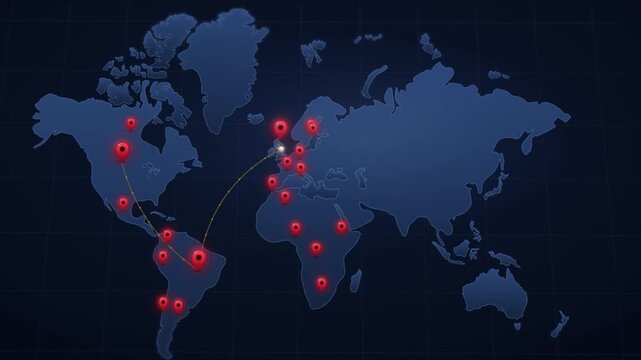 Global logistics travel route tracing international flight paths between red location pins on a world map