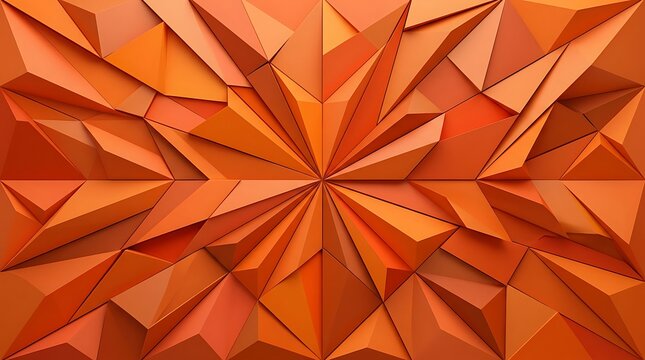 Modern 3D Low Poly Orange Background Featuring a Symmetrical Faceted Geometric Starburst Texture