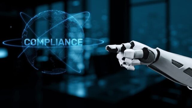 A robotic hand points to key concepts of compliance in a digital format, emphasizing regulations, requirements, and policies in a modern business landscape. Synapse