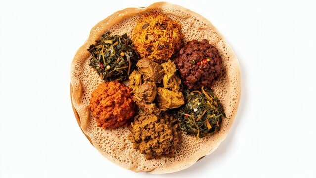 Injera flatbread provides the traditional base for a colorful Ethiopian platter featuring diverse spicy stews, lentils, and seasoned vegetables arranged for communal eating.