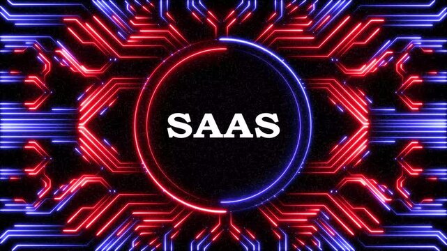 Software as a service saas text appearing in blue neon digital circuit board.
