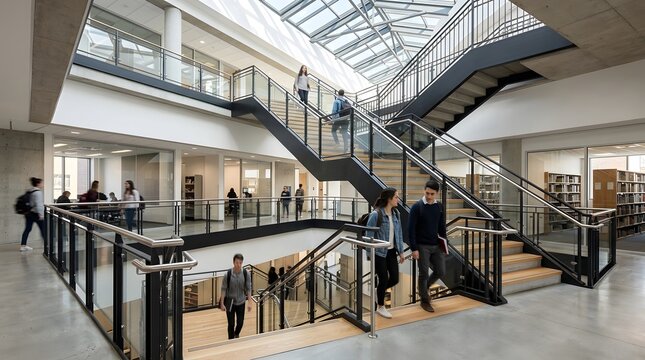Modern University Campus Interior Students Walking Stairs Skylight Architecture