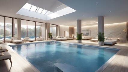 Fototapeta premium Luxurious indoor swimming pool with modern design, natural light, and comfortable lounge chairs at an upscale spa resort