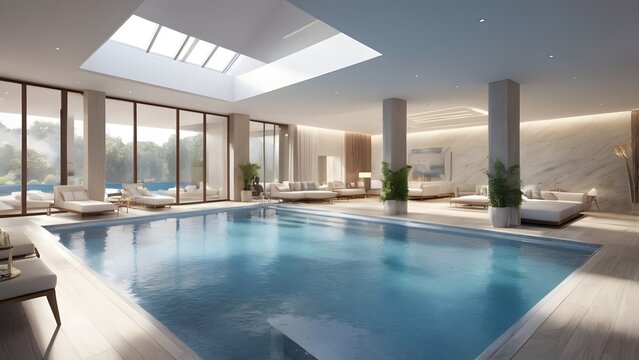 Luxurious indoor swimming pool with modern design, natural light, and comfortable lounge chairs at an upscale spa resort