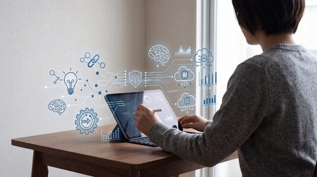 Artificial intelligence and cloud computing concept on tablet, AI brain neural network, machine learning algorithm, big data analytics, virtual assistant, smart automation, futu...