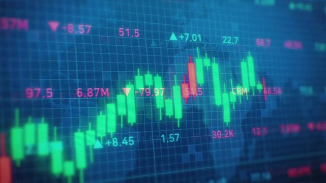 Abstract digital stock market data visualization with candlestick charts and fluctuating numbers, representing financial trading and analytics.