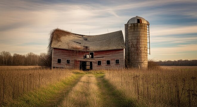 Old Rustic Barn and Silo in Golden Field at Sunset.