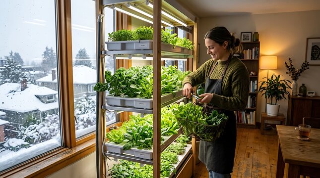 A smiling woman wearing an apron uses scissors to harvest fresh greens from a vertical hydroponic indoor garden rack inside her cozy home, while a snow-covered winter landscape is seen outside.