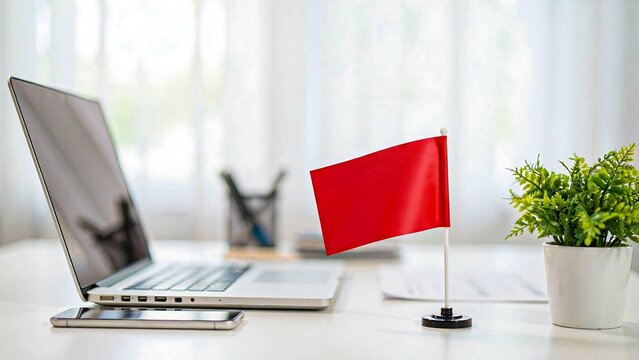 Red warning flag on office desk with laptop in modern workplace