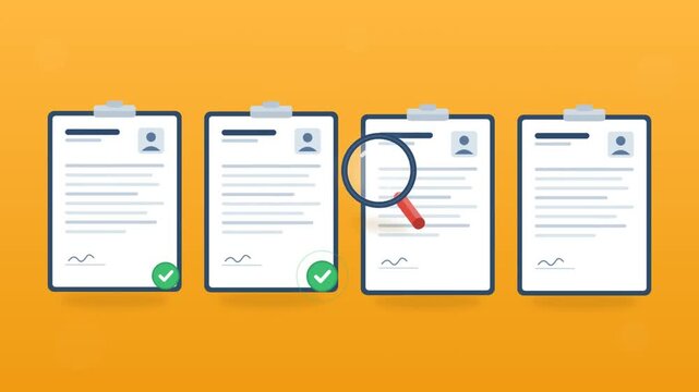 Human resources recruitment concept with magnifying glass reviewing and approving candidate resumes on clipboards