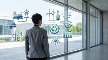 Fototapeta premium Woman viewing sustainable energy and recycling icons on glass window, green ecology and renewable power generation concept for environmental conservation and carbon footprint re...