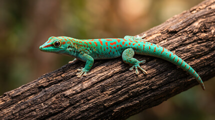Fototapeta premium Colorful ornate day gecko perching on a textured tree branch