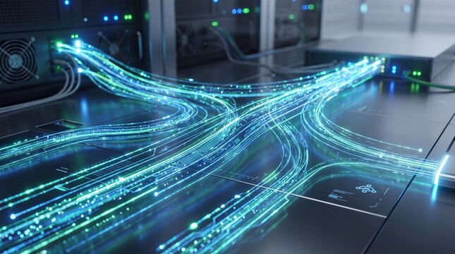 Server room with glowing blue green data flow lines representing high speed network traffic cloud computing infrastructure big data processing artificial intelligence machine le...