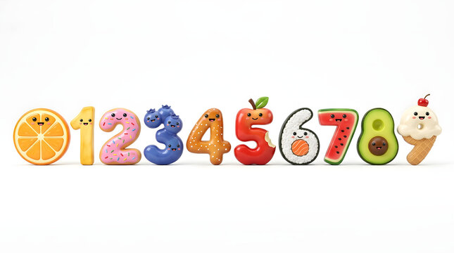 Creative 3D Cartoon Numbers 0-9 Set Designed with Food and Fruit Themes, Featuring Cute Smiling Faces