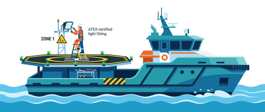 Offshore Vessel with Helideck and Worker Installing ATEX Certified Light Fitting in Zone 1