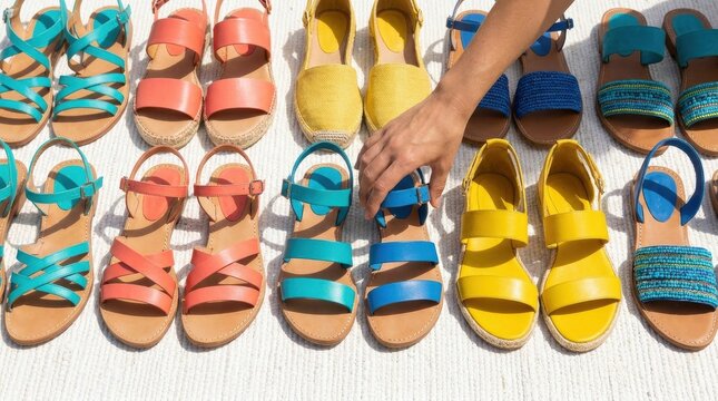 Selection of Colorful Sandals: A curated collection of vibrantly colored sandals laid out in rows, with a hand reaching to select a blue pair, suggesting choice and summer fashion.