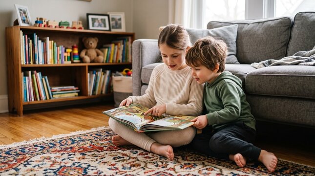 Two young siblings engrossed in reading a storybook together on a cozy rug in their living room