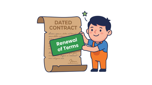 Young boy holding a green sign indicating renewal of terms for a dated contract document.
