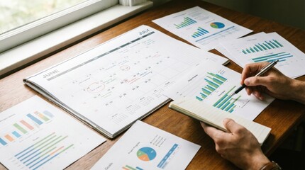 Obraz premium Business Analysis and Planning: A person's hands are seen at a desk, reviewing financial charts, graphs, and a calendar, indicating a focus on business planning and analysis.