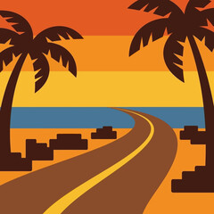 Obraz premium A scenic road leads to the ocean under a warm sunset sky with palm trees