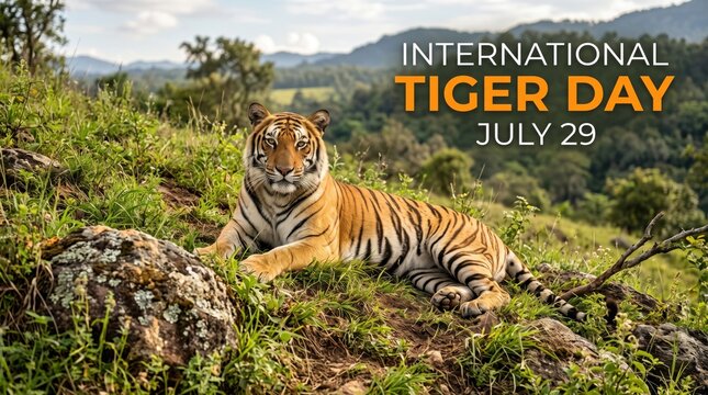 A tiger resting on a grassy hillside with rocks and trees in a natural forest landscape under a bright sky with text overlay international tiger day july 29