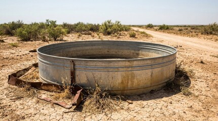 Fototapeta premium Old Water Tank in Arid Landscape: A weathered, circular metal water tank stands in a dry, cracked earth landscape, surrounded by sparse vegetation and a dirt road stretching into the distance.