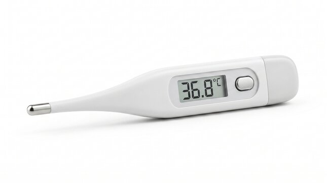 Medical digital clinical thermometer for measuring body temperature showing normal thirty-six point eight degrees celsius on white background