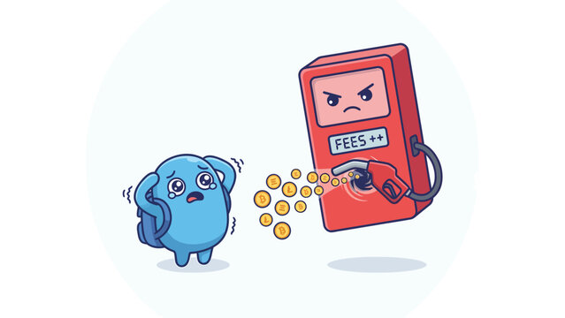 Cute blue character looking scared as a gas pump with angry face dispenses coins labeled 'FEES' into its backpack.
