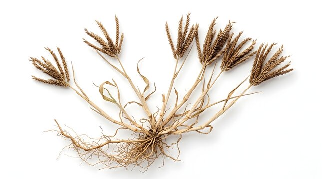 Premium Whole Dried Crabgrass Digitaria Sanguinalis Medicinal Herb with Intact Roots and Seed Heads Isolated on White Background