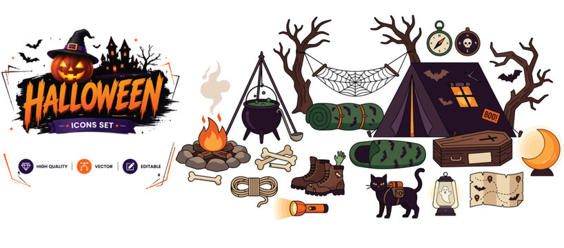 Set of 15 flat icons related to halloween, camping - collection of tent, campfire, cauldron, hammock, cat, boots, flashlight, map, coffin vector elements