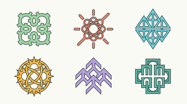 Ensemble de six ic&ocirc;nes g&eacute;om&eacute;triques abstraites et symboles lin&eacute;aires color&eacute;s sur fond clair, parfaits pour le design graphique, les logos minimalistes et les &eacute;l&eacute;ments d'interface utilisateur.