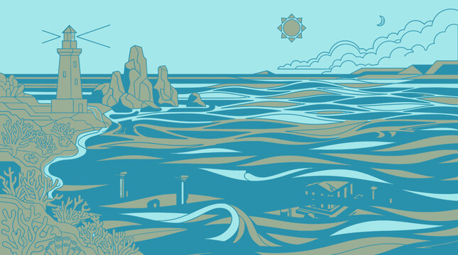Illustration stylis&eacute;e d'un paysage c&ocirc;tier avec un phare surplombant une mer agit&eacute;e sous un ciel avec un soleil et des nuages, dans une palette de tons bleus et beiges.