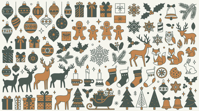 Ensemble d'ic&ocirc;nes de No&euml;l dessin&eacute;es &agrave; la main avec des boules, des cadeaux, des rennes, des flocons de neige et des d&eacute;corations festives dans un style minimaliste et &eacute;l&eacute;gant