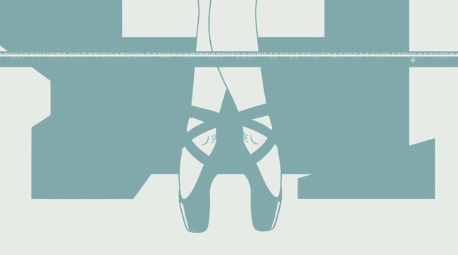 Illustration vectorielle minimaliste montrant les jambes et les pieds d'une danseuse classique en pointes, avec une composition graphique &eacute;pur&eacute;e sur un fond bicolore.