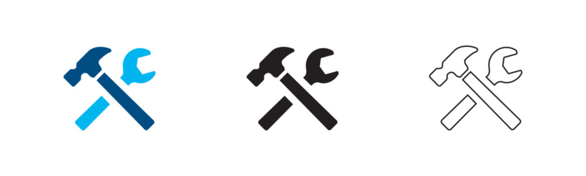 Work tools icon set. Crossed hammer and wrench. repair and maintenance concepts. construction service icons. hardware utility indicators.