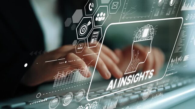 Hands typing on a digital keyboard with futuristic AI insights graphics displayed on the screen showcasing data analysis and technology themes. Asymptotic smart data analytic.