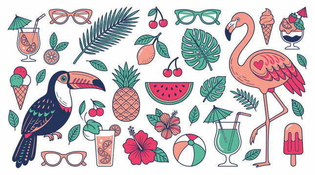 Ein Set von sommerlichen Illustrationen mit Flamingo, Tukan, tropischen Fr&uuml;chten, exotischen Blumen, Cocktails und Strandzubeh&ouml;r im flachen Vektor-Stil auf wei&szlig;em Hintergrund.