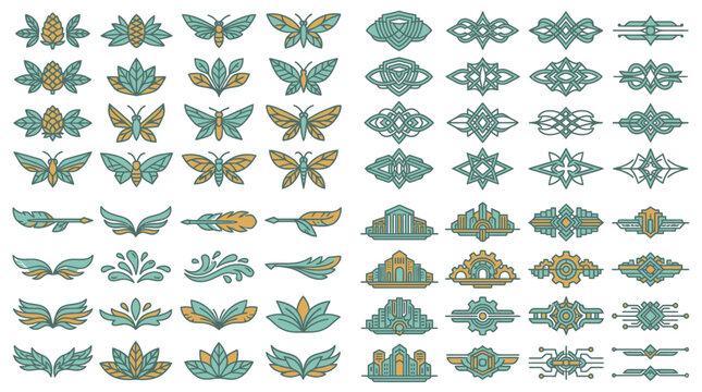 Conjunto de elementos decorativos vetoriais com borboletas estilizadas, ornamentos florais, divisores e bordas sim&eacute;tricas em tons de verde e dourado para design gr&aacute;fico.