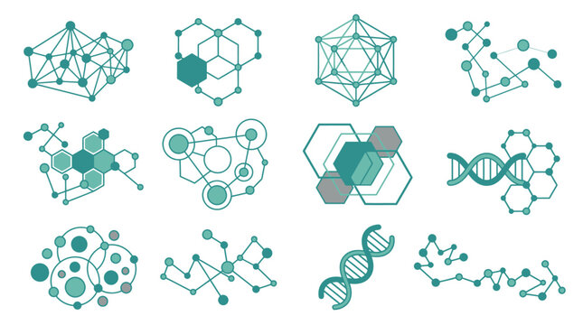 Ensemble d'ic&ocirc;nes vectorielles repr&eacute;sentant des structures mol&eacute;culaires, des r&eacute;seaux de neurones, des brins d'ADN et des motifs g&eacute;om&eacute;triques abstraits sur fond blanc pour la science.