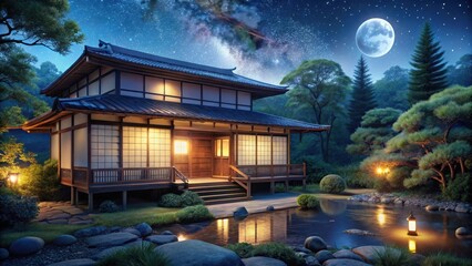 Obraz premium A serene japanese house stands majestically under starry night sky with glowing lanterns on veranda and silhouetted trees against moonlit canvas